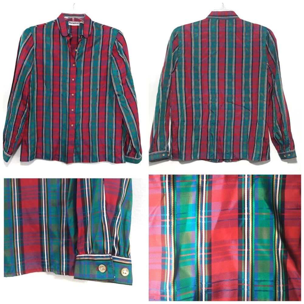 Vintage Red Green Plaid Button Down Christmas